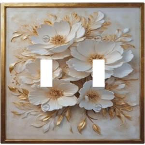Decorative Art Light Switch Covers Elegant Gold White Floral 2 Gang Double Toggle Outlet Wall Plate Switchplate Electrical Faceplate for Home,BathRoom & Living Room Decor