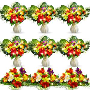 Hotop 36 Pcs Light up Hawaiian Flower Centerpieces for Tables Hibiscus Bouquet Palm Leaves and Light Up Centerpieces for Tables