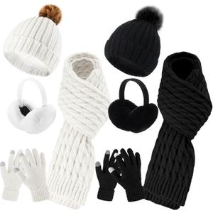 Suhine 8 Pcs Winter Hat Scarf Gloves Earmuff Set Knit Beanie Pompom Hat Warm Touch Screen Gloves for Women Men Adult (Black,white)