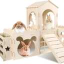 Extra Large Rabbit Castle, Wooden Bunny House & Hay Feeder, Detachable Rabbit Hideaway, Indoor Rabbit Castle with Ramp, Small Animal Houses & Habitats