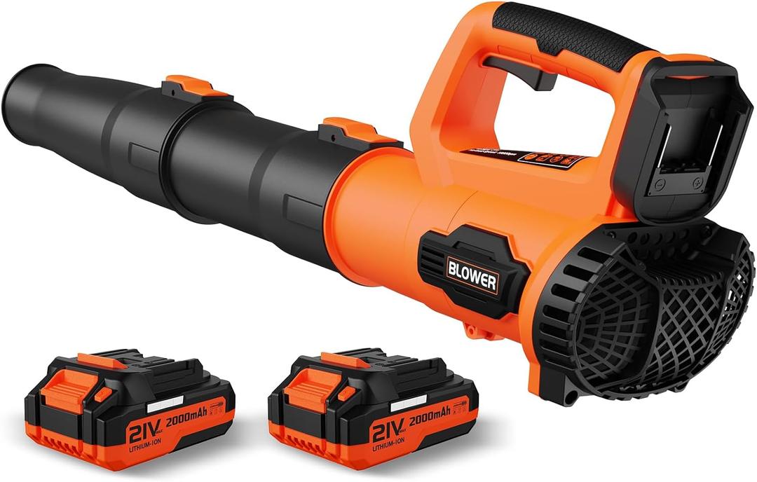 Leaf Blower, 21V Cordless Electric Blower with 2 2.0Ah Batteries and 1 Hour Fast Charger, Lightweight Leaf Blower for Patio Cleaning, Lawn Care, Blowing Fallen Leaves and Dust, etc.