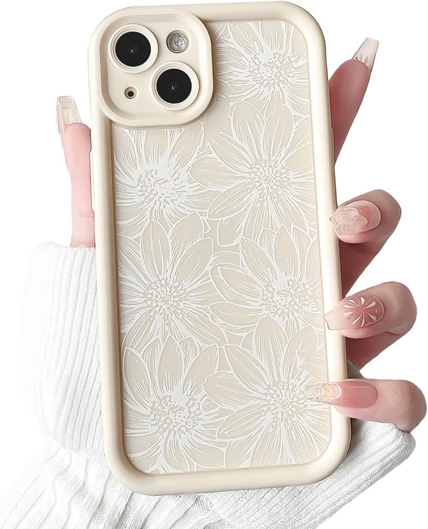 NITITOP Compatible with iPhone 15 Plus Case Silicone Cute Flower Floral Sunflowers Design for Women Girls Artistic Soft TPU Shockproof Full Camera Protection Girly Phone Cover - White