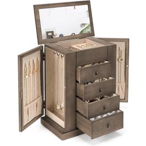 Emfogo Jewelry Box for Women, 5 Layer Large Wood Jewelry Boxes & Organizers for Necklaces Earrings Rings Bracelets, Rustic Jewelry Organizer Box with Drawers and Mirror(Weathered Gray)