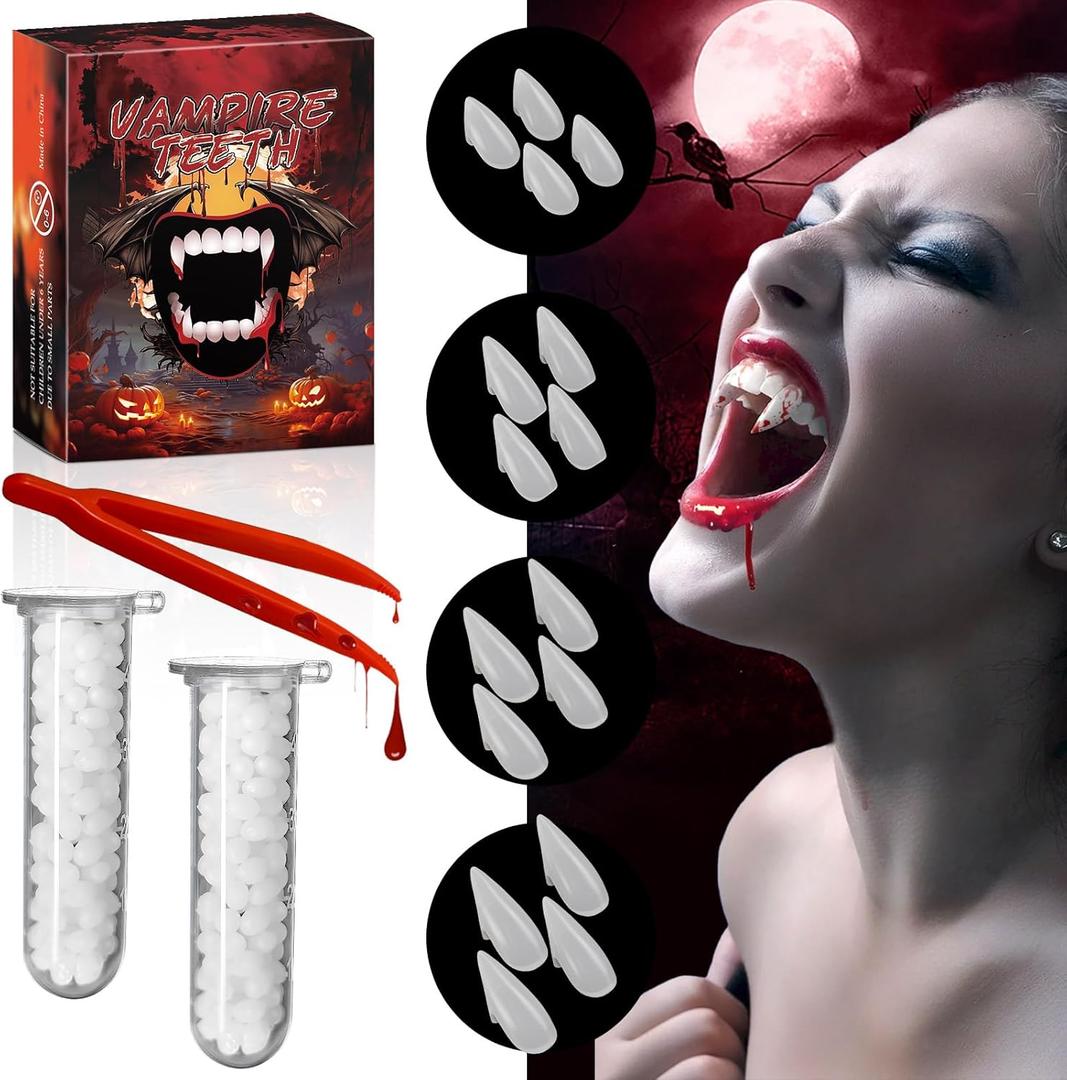 TLPUHU Vampire Teeth Fangs - 8 Pairs 4 Sizes Vampire Fangs for Kids Boys Girls Adults - Fake Teeth for Werewolf Cosplay Halloween Accessories Party Favors Prop Decoration