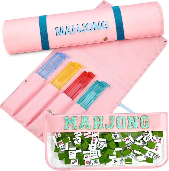 2 Pcs Mahjong Bags for Racks and Tiles Include Mahjong Tile Bag & Rack Bag, 37 Inch Protective Sleeve Tile Gift Accessory & Letter for Mah Jong Pusher, Not Include Racks& Tiles(Pink)