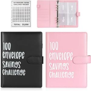 2 PCS 100 Envelopes Money Saving Challenge, Budget Binder with Cash Envelopes Thickened Detachable Page Saving Challenge Book with Cards and Pen Storage Easy to Save 5,050-Black, Pink