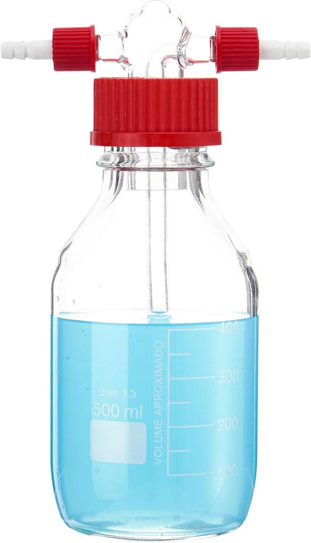 500mL Lab Gas Washing Bottle Glass, Lab Buffer Bottle, GL45 Red Screw Cap PTFE GL14 Hose Connection, Lab Glassware Kit, Borosilicate Glass (16.9 Ounces)