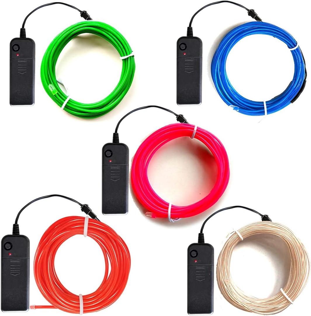 El Wire 5 Pack(Red,Blue,White,Green,Pink),9ft/2.75m neon Light Flash Electroluminescence, Used for DIY Design, Decoration...