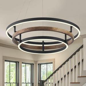 3 Ring LED Chandelier Black Round Chandelier Light Fixture Dimmable Farmhouse Foyer Chandeliers Light Wood-Printed Circular Chandeliers for Dining Room Entry Bedroom Office Living Room 24in