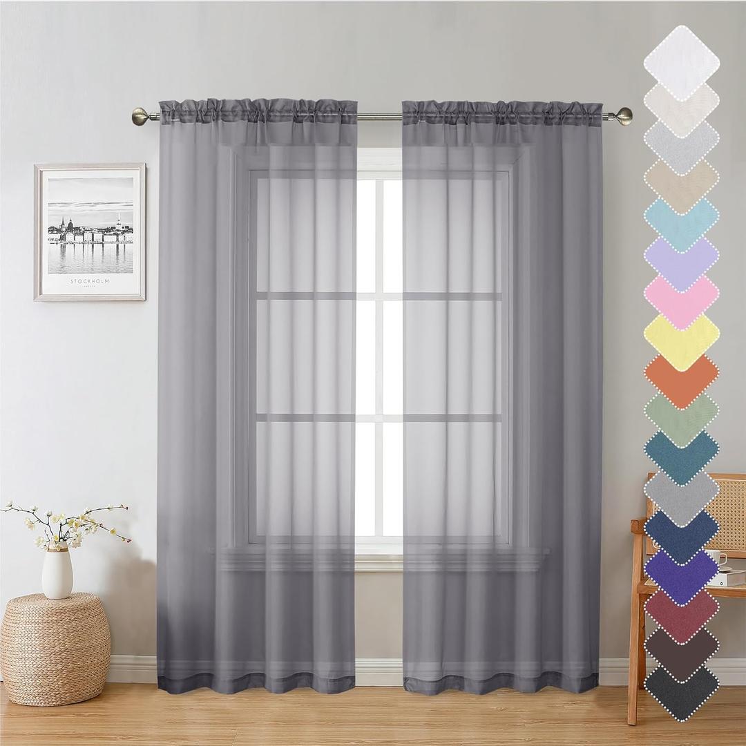 Lecloud Charcoal Grey Sheer Curtain Panels 72 Inch Length, Light Filtering Window Curtain Drapes Treatment for Living Room, Breathable Rod Pocket Sheer Curtains for Bedroom, 2 Panels, Each 40" Wx72 L