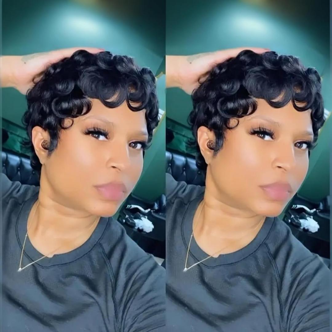 Pixie Wigs for Black Women Human Hair Short Curly Pixie Cut Wigs For Black Women Full Machine Made Wig Glueless Wig None Lace Front Wig Pixie Curly Black 1B (Black 39)