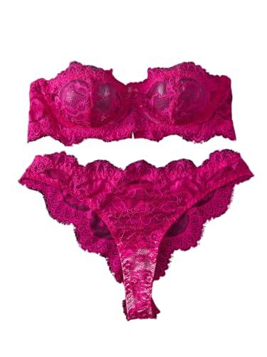 WDIRARA Women's 2 Piece Exotic Lingerie Set Floral Lace Mesh Sheer Strapless Bra and Panty Set Hot Pink Medium