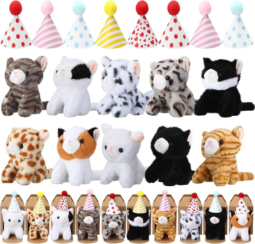 10 Set Kittens Stuffed Animals Bulk with 10 Birthday Hats 10 Kraft Paper Boxes Mini Plush Toys Small Stuffed Cat Pet Gifts for Kids, School Birthday Animal Decor(Sitting Style)