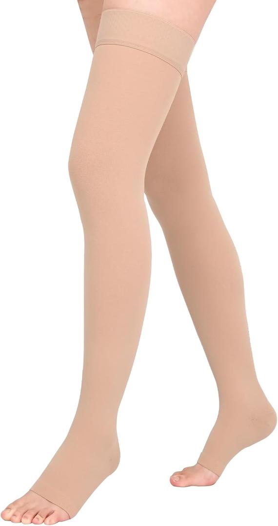 Athbavib 20-30mmHg Compression Stockings for Women and Men, Thigh High Open Toe Medical Graduated Compression Socks, Best Support for Treatment Varicose Veins Swelling (Beige,Large)
