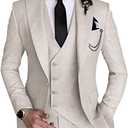 Wangyue 3 Piece Suit Slim Fit Double Breasted Mens Suits for Wedding Party Formal Prom One Button Blazer Vest Pants Sets (Small, Beige)
