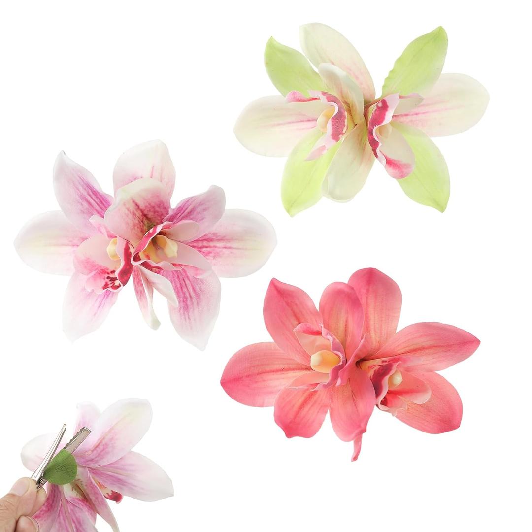Hawaiian Flower Hair Clips, 3 Pcs Cute Hibiscus Hair Clip for Women and Girls, Hawaiian Flowers for Hair, Hawaiian Hair Accessories, Orchid Hair Clip Suitable for Beach Party and So on (3 Color)