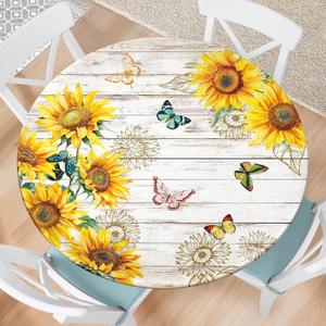 Sunflower Round Fitted Tablecloth with Elastic Edge Wood Texture Floral Outdoor Tablecloth Waterproof Table Cover for Picnic Dinner Party Decor Fits 36-40" Diameter Round Tables