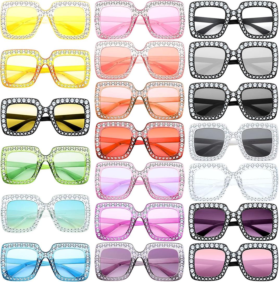 Chumia 20 Pairs Rhinestone Sunglasses Bling Crystal Sunglasses 70s Glitter Disco Glasses Retro Glasses for Women Girls (Multicolor)