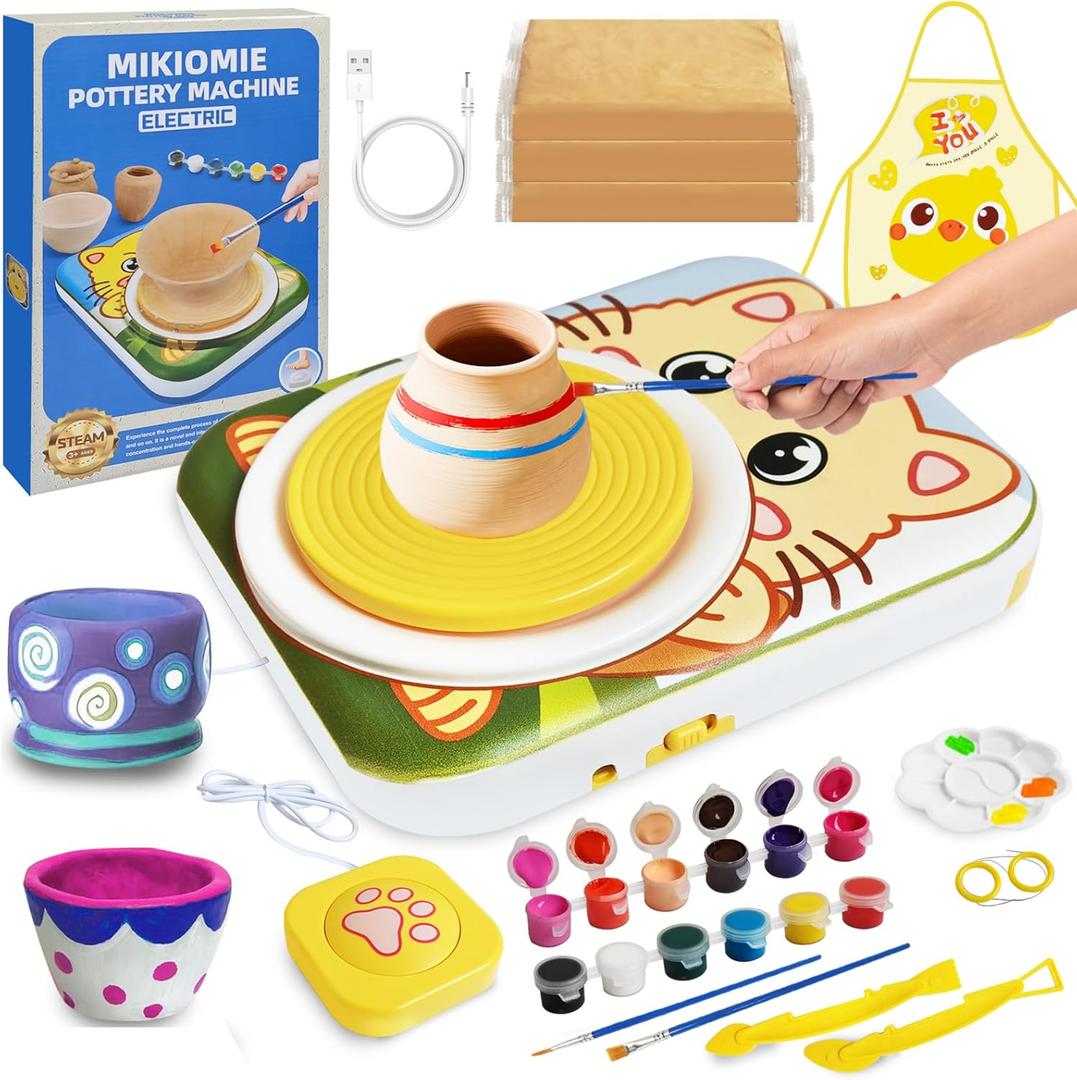 Mikiomie Electric Pottery Wheel for Beginners with Foot Pedal, 3 Clay Packs(1.7lbs Total), Apron, Painting & Carving Tools, Arts and Crafts Toys Art Supplies, Gifts for Birthday Christmas