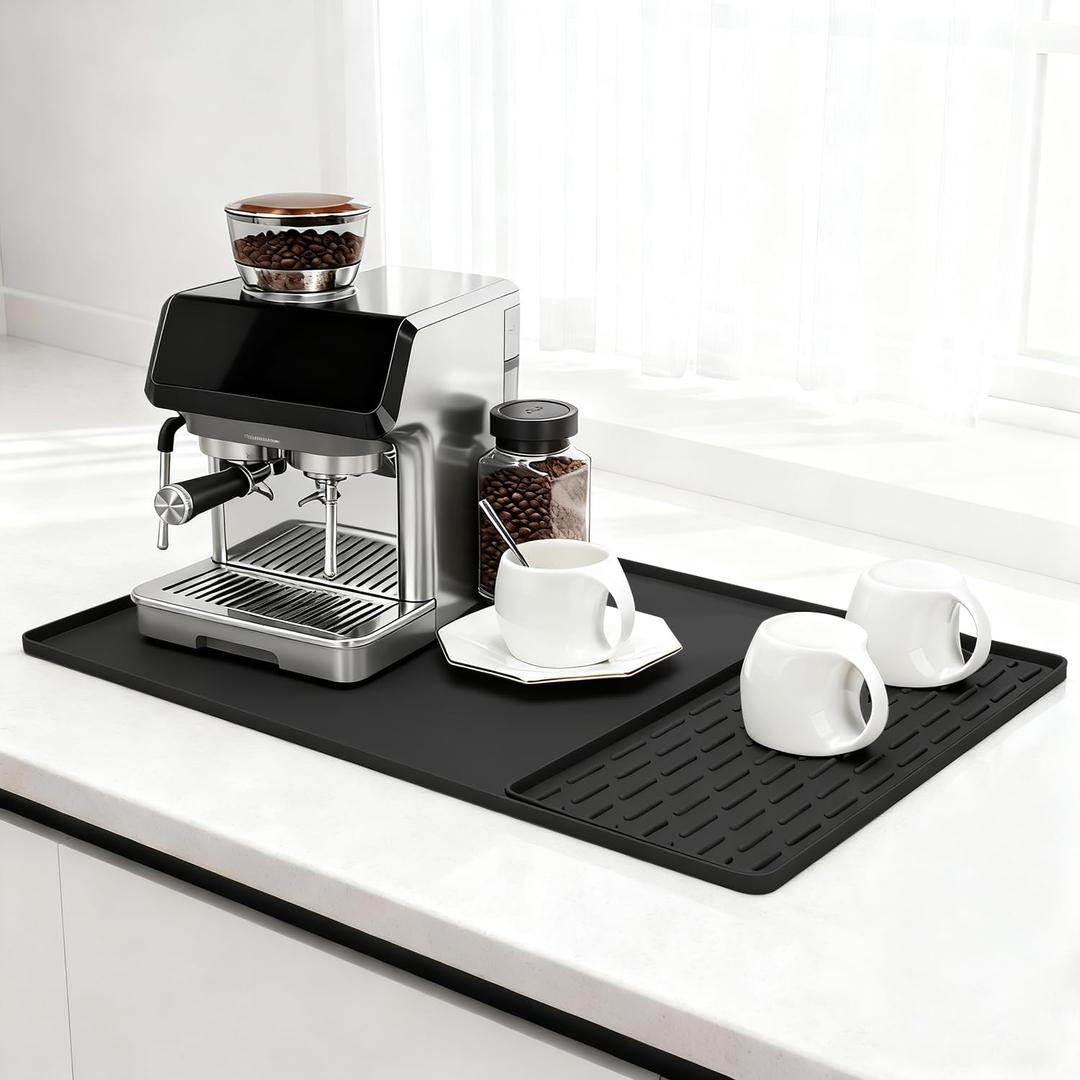 Silicone Coffee Mat 24" x 16", Heat Resistant Non Slip Leak Proof with Concave Convex Design & Detachable Drying Layer, Coffee Bar Mat for Espresso Machine, Coffee Maker Countertops (Black)