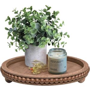 12in Round Wood Beaded Tray - Brown, Distressed Finish - Farmhouse Boho Style - Decorative Tray for Living Room, Coffee Table, Kitchen Table or Serving Tray