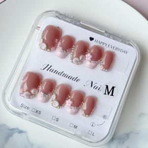 Handmade Short Square Press on Nails, Pink French Tips with Luxury Rhinestones & 3D Flowers, Reusable Nail Kit for Women, M Size 10 Pcs