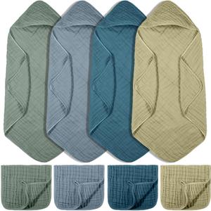 VitalCozy 8 Pcs Baby Muslin Hooded Bath Towels and Washcloths, 32 x 32 Inch Cotton Absorbent Blankets for Newborn Infant Shower Gift (Dark Green, Dark Blue)
