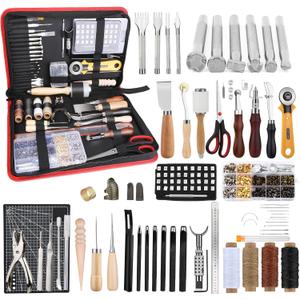 TLKKUE Leather Working Kit - Beginner's Leather Crafting Tool with Storage Bag, Leatherworking Tooling Kit for Sewing, Carving, Punching, Cutting, Stamping Tools (XXL)