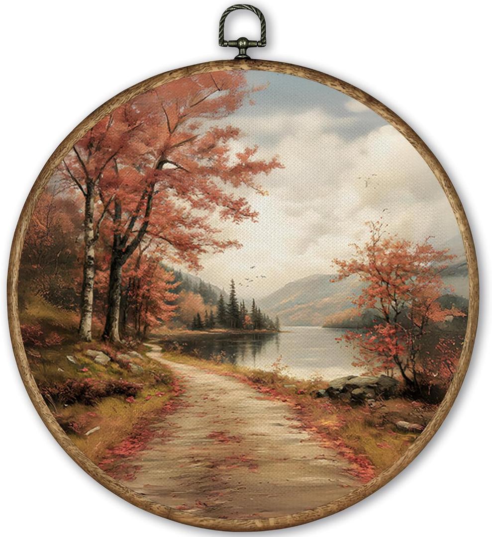 TLESKE Fall Forest Path Landscape Round Wall Art Decor Framed 10x10, Autumn Lake Canvas Wall Art Prints Artwork, Rustic Farmhouse Wall Hanging Room Door Decor Decorations for Bedroom Living Room
