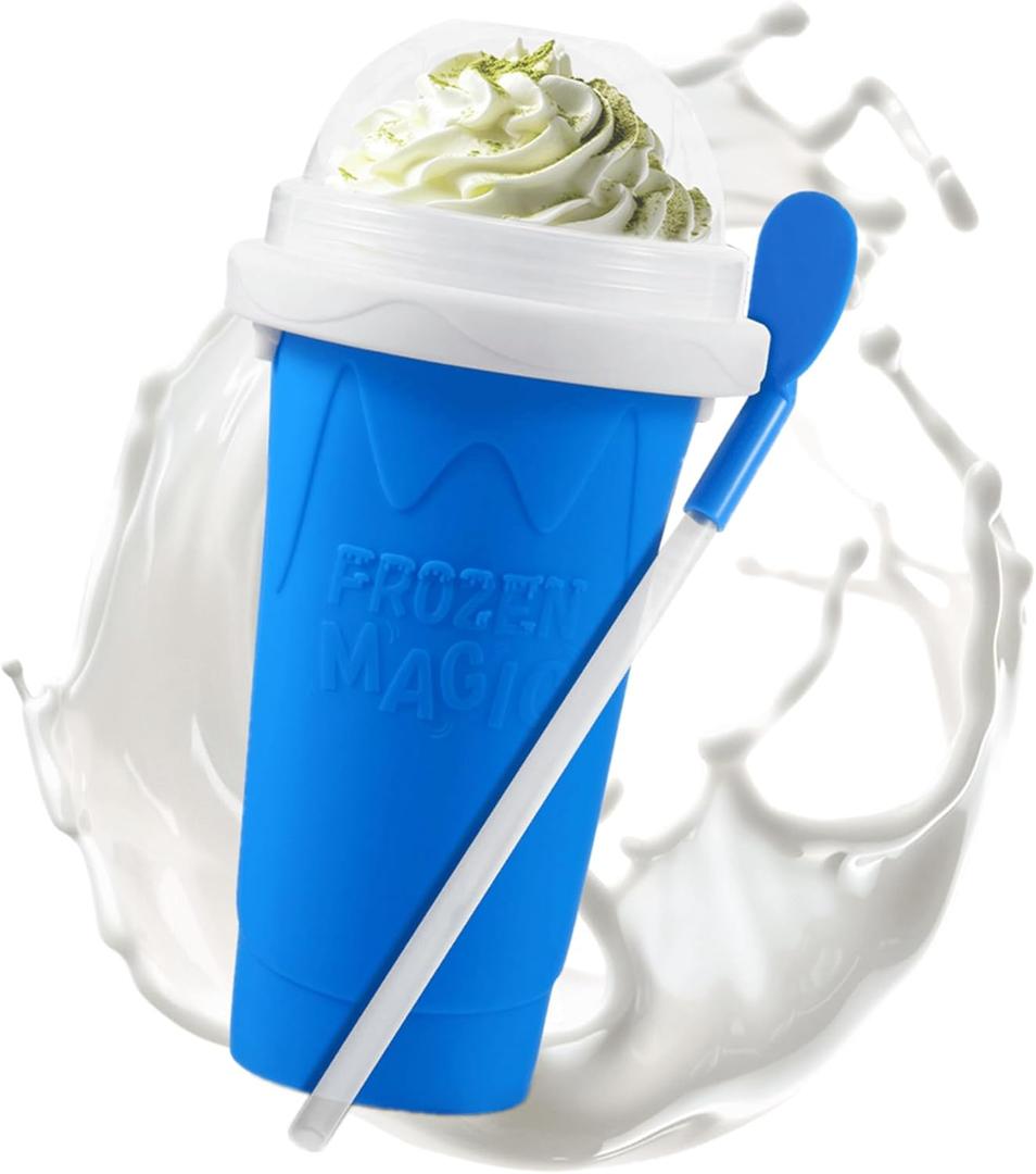 REGNBUE Slushy Maker Cup, Quick Frozen Magic Squeeze Cup for Juice Milk Yogurt Ice Cream Make, DIY Smoothie Cooling Cup with Lid & Straw for Kids Friends Family (Blue)