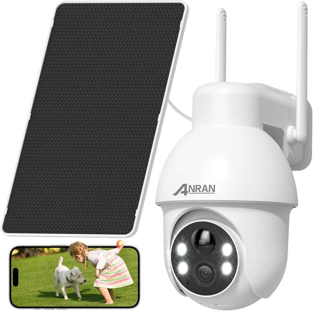 ANRAN 2K Solar Security Camera Wireless Outdoor, 360 Pan/Tilt Color Night Vision, PIR Human Detection, 2-Way Audio, Weatherproof, Compatible with Alexa, 2.4GHz WiFi Only