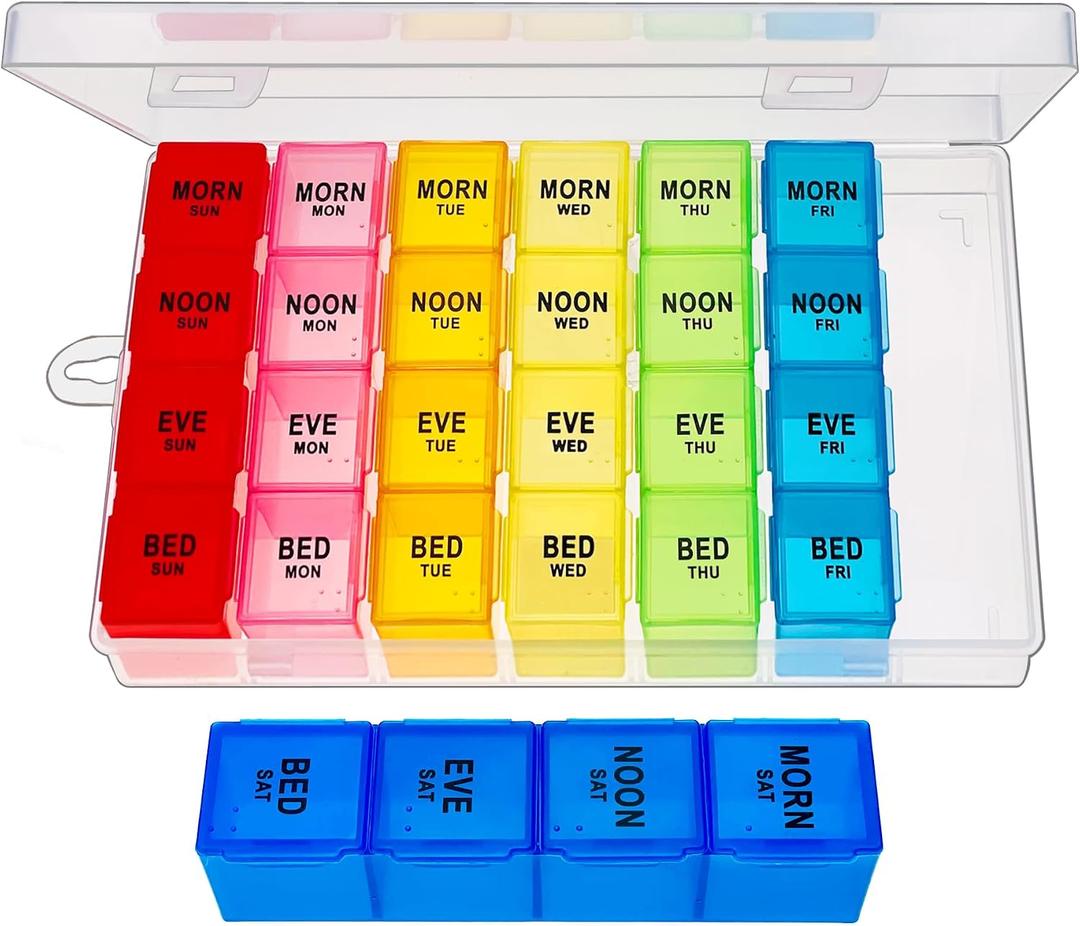 ZVZM Weekly Pill Organizer 4 Times a Day, Medicine Organizer Box, Travel Daily Pill Box Organizer 7 Day, Pill Case, Pill Container Holder for Hold Vitamins/Fish Oils.
