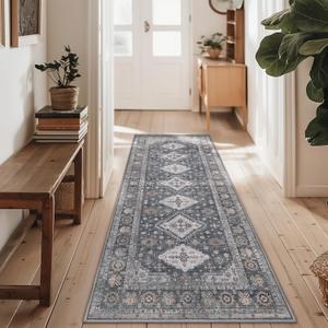 Runner Rugs for Hallway 2x10 Machine Washable Runners, Vintage Retro Floral Medallion Runners for Kitchen Entryway Bathroom, Low Pile Lightweight Thin Chenille Non Slip Runner Rug, Charcoal