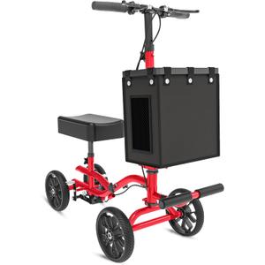 Lightweight Knee Scooter Crutch Alternative, Foldable & Adjustable Knee Scooter for Adults for Foot Surgery, Steerable Knee Walker with Detachable Storage Basket, Includes DIY Stickers-Hot Red
