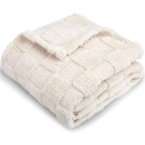 HOMRITAR 3D Gingham Fleece Baby Blanket for Girls Boys Chessboard Grid Warmer Comfort Reversible Shaggy Cozy Decor for Home Bed Blanket for Toddlers 30 x 40 Inches Cream