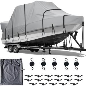 900D Marine Grade Solution-Dyed Polyester T Top/Hard Top Boat Cover, 21-23ft Heavy Duty Waterproof UV-Proof Windproof Mooring Central Console Boat Cover with 22 Windproof Straps & 2-in-1 Motor Cover