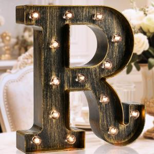 OYCBUZO Golden Black Led Marquee Letter - Industrial, Vintage Style Light Up Alphabet Letter Sign for Cafe Wedding Birthday Party Christmas Lamp Home Bar Initials Decor - R