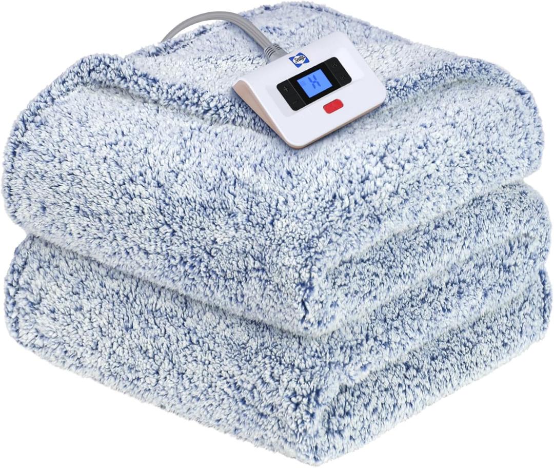 Sealy Electric Blanket Full Size, Soft Sherpa Heated Blanket Single Control with 10 Heating Levels & 1 to 12 Hours Auto-Off Settings Over-Heated Protection 80"x84" Machine Washable, Blue