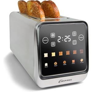 Inspirex Touch Screen Toaster - 4 Slice Long Extra-Wide Slots - 5 Bread Type and 6 Browning Levels - Defrost, Reheat, Favorite, Single Slot Settings - Stainless Steel