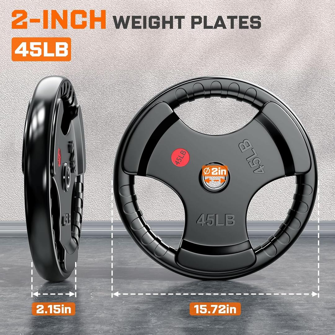XDDIAS 2-Inch Three-Grip Rubber Olympic Plates,Cast Iron Barbell Weights | Steel Hub Rubber Coated Olympic Plates Ranging 45lb Ideal for Strength Training & Home Gym