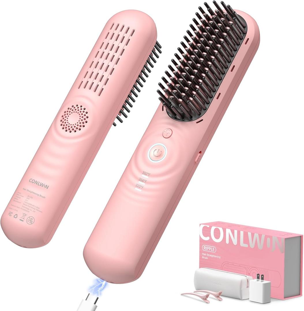 Cordless Hair Straightener Brush with Cool Air Long-Lasting Style, Portable Mini Travel Hair Straightener for Thick Curly Hair, 350M Negative Ions for Frizz-Free, Fast Heating, Gift for Women