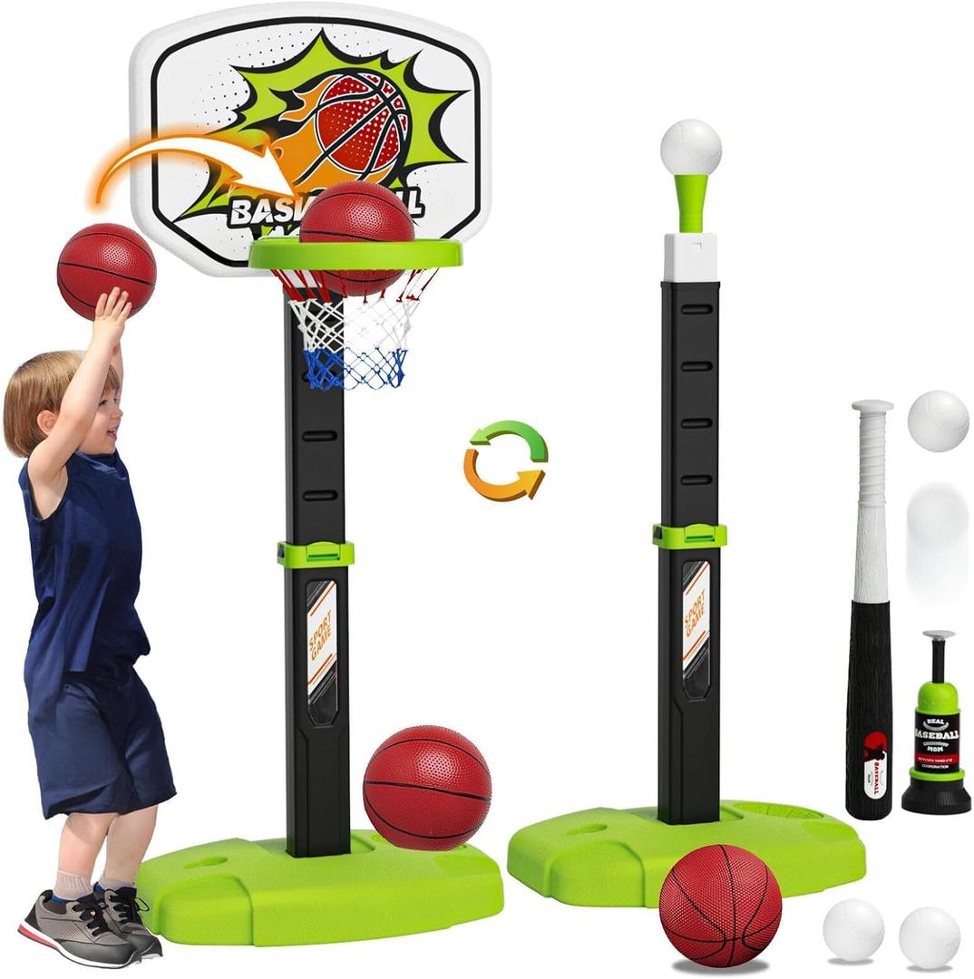 3-in-1 Toddler & Kids Basketball Hoop & T-Ball Set with Automatic Pitching - Adjustable Height, Indoor/Outdoor Sports Toys for Ages 2 3 4 5 6, Birthday (Green)