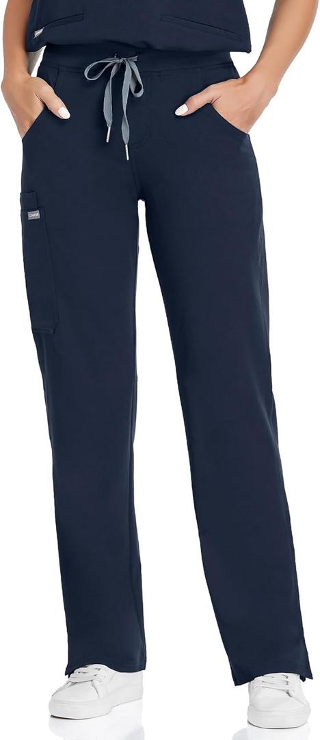 COMENII Scrubs for Women, Knit Yoga Waistband Straight Leg Cargo Pants, Classic Fit Womens Scrubs Pants (Small, Navy)