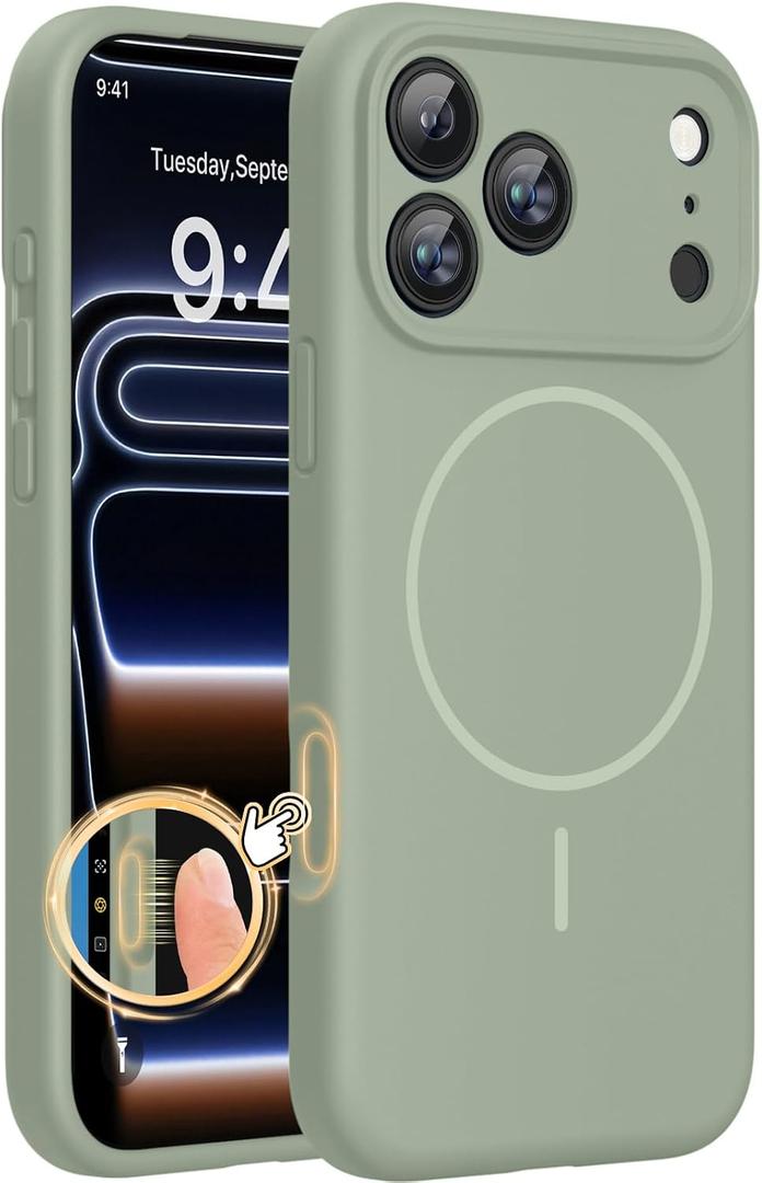 Miracase Magnetic for iPhone 17 Pro Case, Compatible with MagSafe, Integrated Silicone Camera Control Cover, 3.0mm Thicken Shockproof Drop Protection Phone Case for 17 Pro,Patina Green
