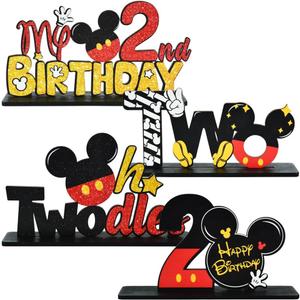 TONIFUL Red Mouse 2nd Birthday Party Supplies 2nd Table Centerpieces - Red Mouse Theme Design and Sturdy Wooden for Two Years Old Birthday Party Favors 2nd Birthday Decorations (4 Pcs)