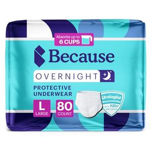 Because Overnight Absorbency Pull Ups - Adult Disposable Incontinence Underwear, Extra Absorbent Nighttime Briefs for Men and Women, White, Large, 80 Count (4 Packs of 20)