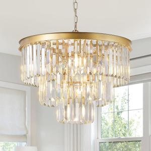 Modern Crystal Chandeliers,Gold 20 Round Chandeliers for Dining Room 3 Tiers 7 Lights Luxury K9 Crystal Ceiling Pendant Light Fixture for Foyer Bedroom Closet
