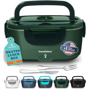 TRAVELISIMO Electric Lunch Box for Adults 100W Heated Lunch Box For Men 1.5L Stainless Steel Portable Food Warmer, 12/24/110V for Travel & Work, Loncheras Electricas Para Calentar Almuerzo (Dark Green)