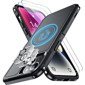 SPIDERCASE for iPhone 14 Case/iPhone 15 Case, Magnetic [15 FT Military Grade Drop Protection][Non-Slip] 2 Pack [Tempered Glass Screen Protectors+Camera Lens Protectors] Shockproof Case, Black