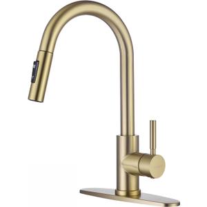 Gold Kitchen Faucets with Pull Down Sprayer, Single Handle High Arc Modern Stainless Steel Sink Faucet with Deck Plate, 1 or 3 Hole Deck Mount for RV, Bar, Farmhouse, Laundry, Outdoor